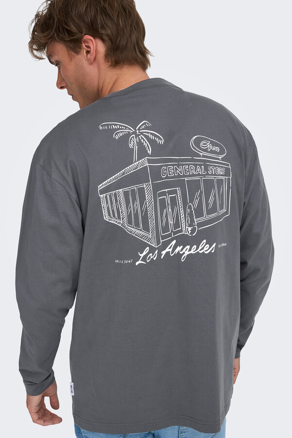 Only & Sons T-shirt de manga comprida com estampa nas costas cinzento