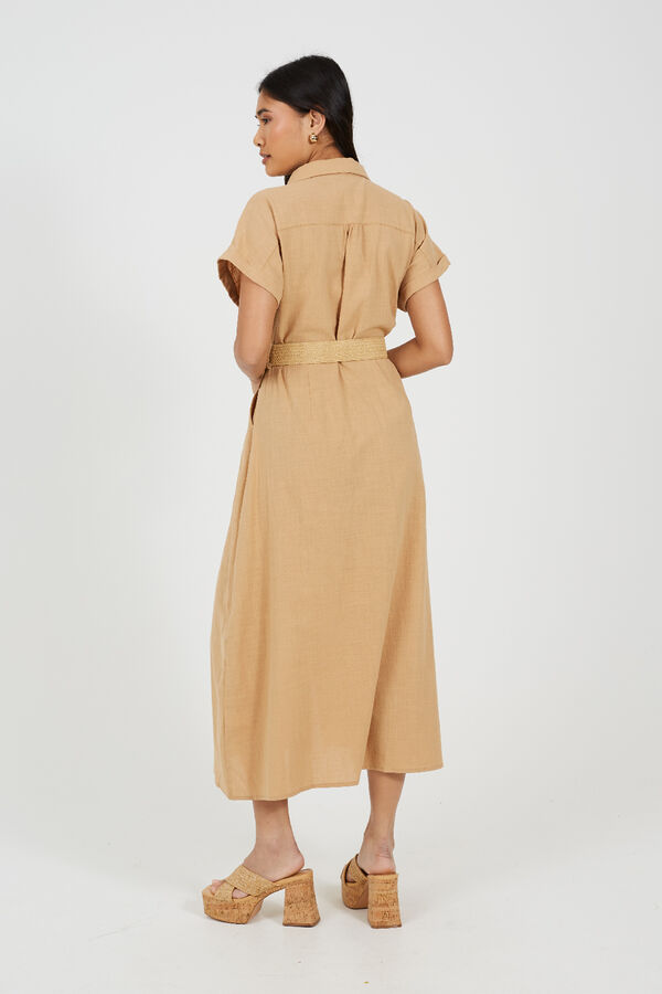 Brave Soul Vestido abotoado com cinto camel