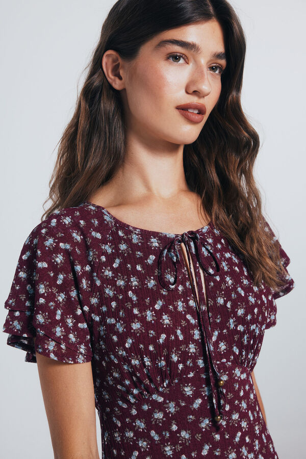 Springfield Vestido midi manga volante estampado burdeos