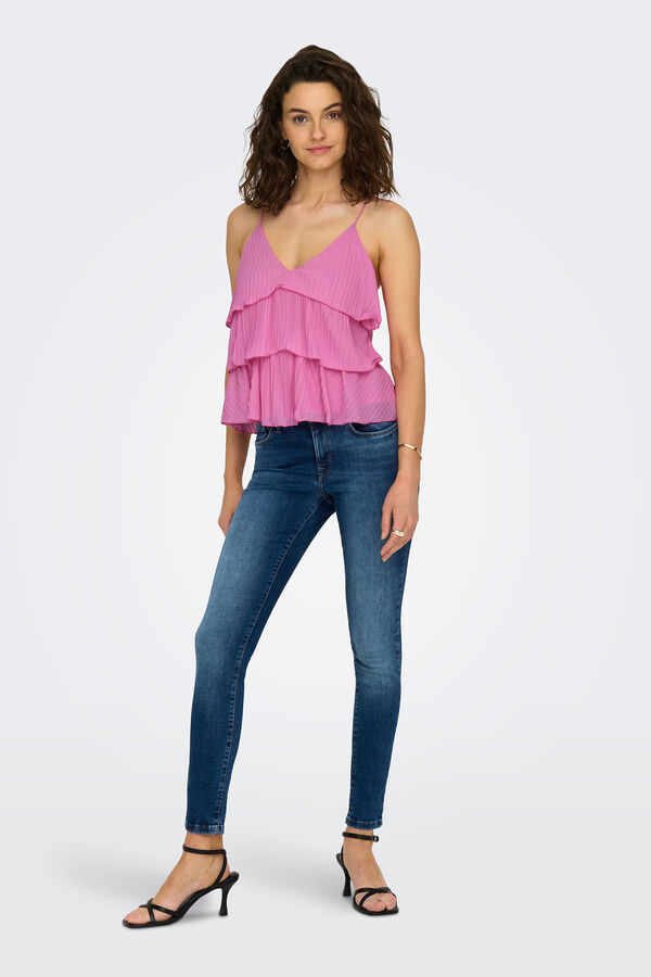 Only Top de al&ccedil;as com folhos vermelho