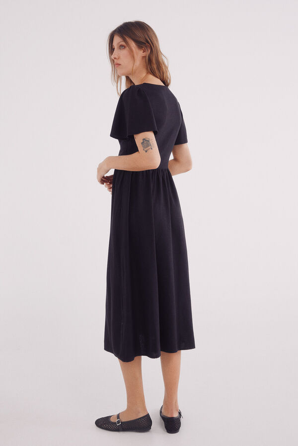 Springfield Vestido midi de decote com decote em linho preto