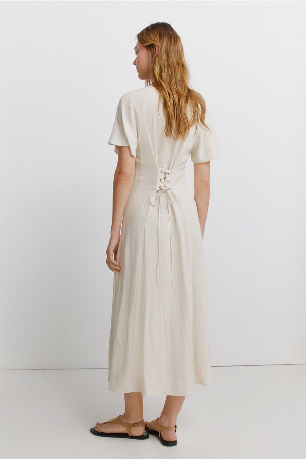 Springfield Vestido midi lino cruzado espalda beige