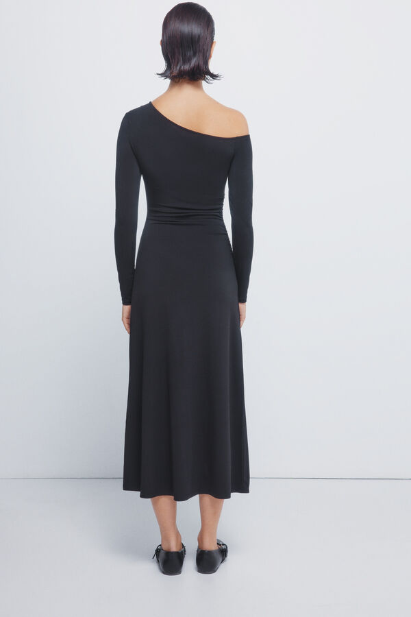 Springfield Vestido midi drapeado escote asim&eacute;trico negro
