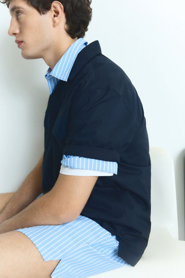 Springfield Camisa de boliche de popelina de manga curta com bolso azul