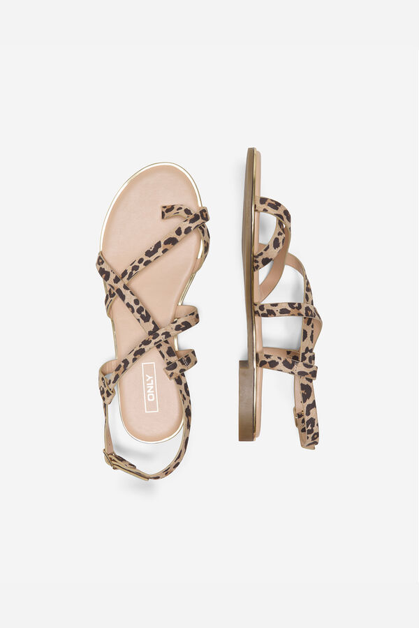 Only Shoes Sand&aacute;lia rasteira com tiras de animal print bege