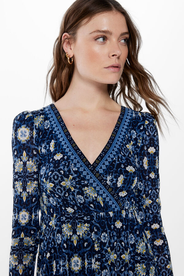 Springfield Vestido Midi Escote Cenefas azul