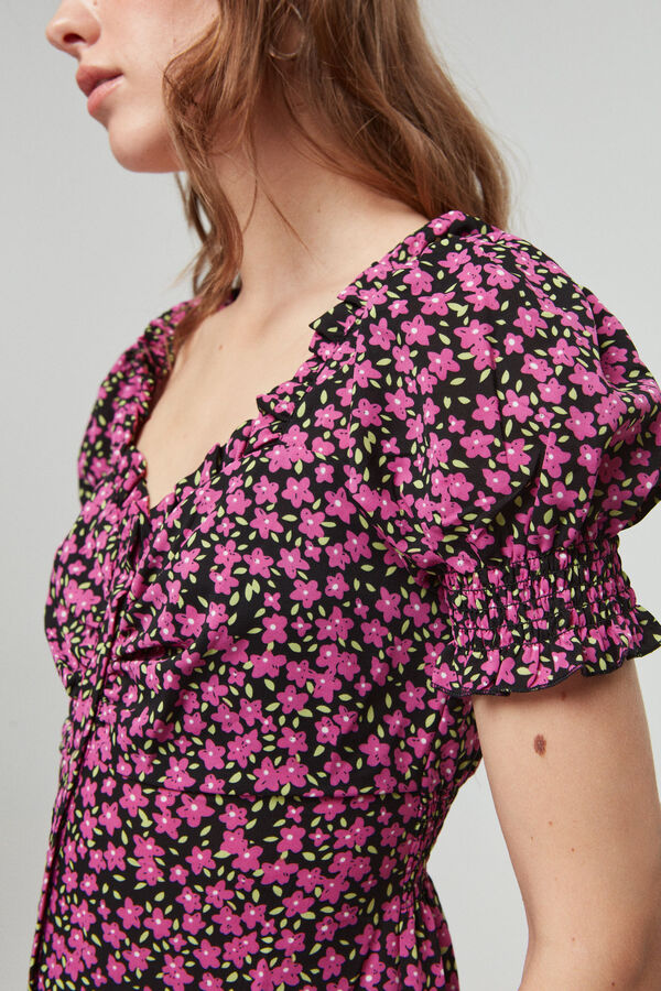 Springfield Vestido corto fruncido con botones y print floral rosa