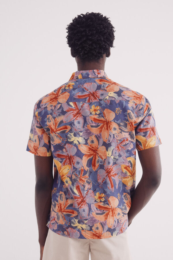 Springfield Camisa manga curto linho estampada azul