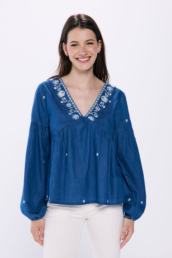 Springfield Blusa denim bordados azul