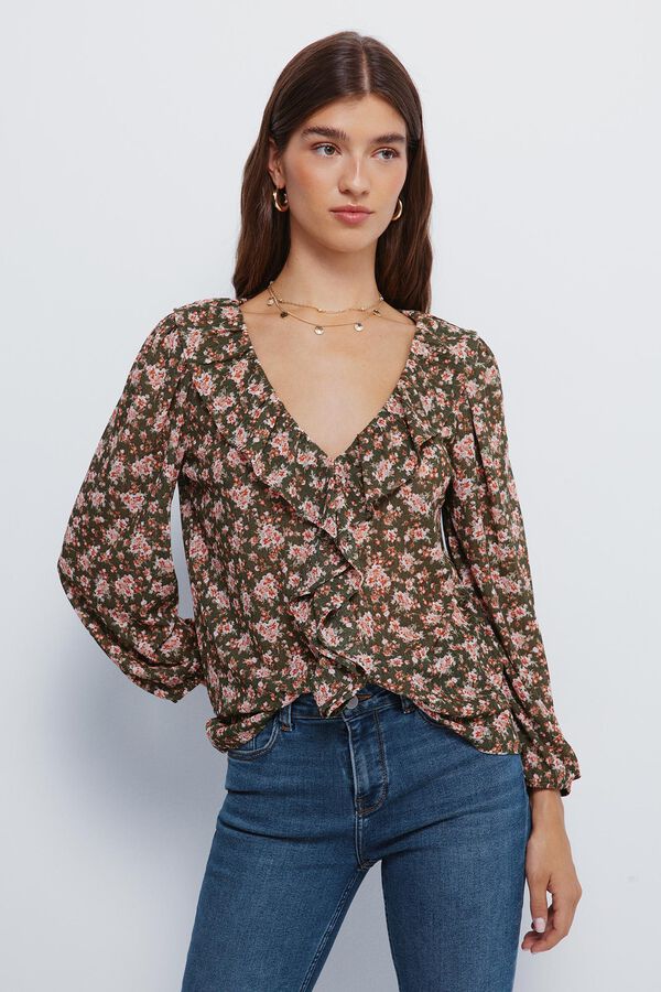 Springfield Blusa volante delantero flores kaki