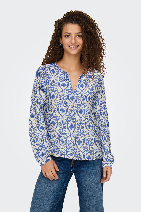 JDY Camisa de manga larga y cuello de pico beige