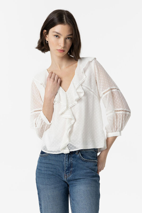 Tiffosi Blusa Plumeti com Folhos branco