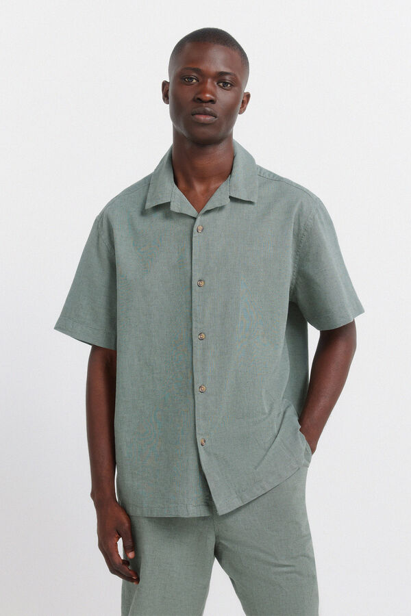 Springfield Camisa de manga curta bowling em linho verde