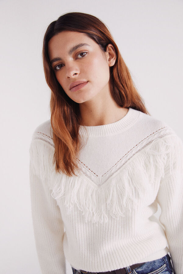 Springfield Su&eacute;ter em V com franjas bege