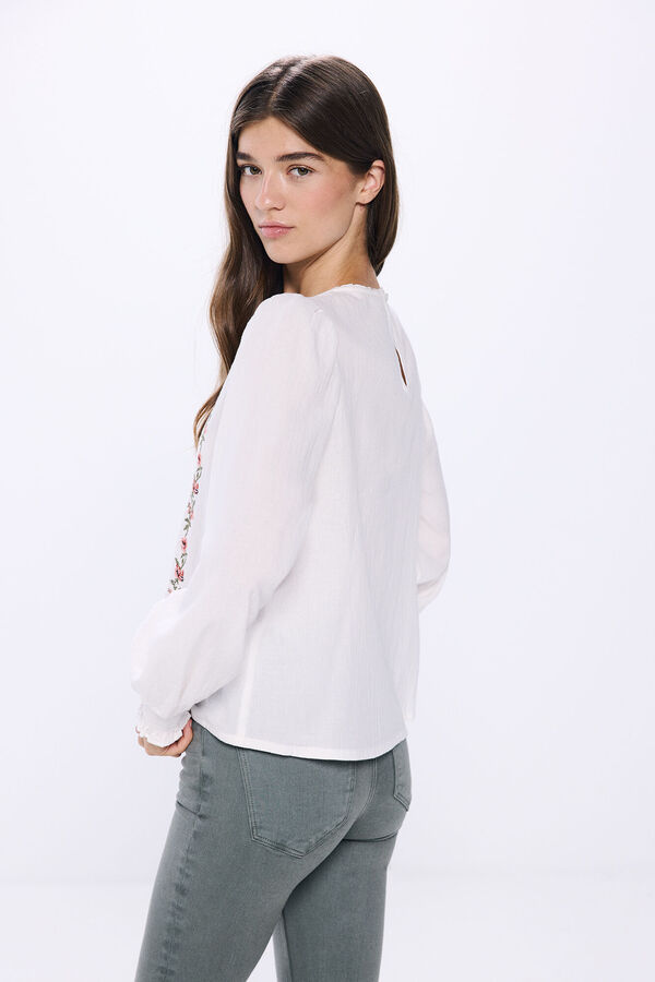 Springfield Blusa bordados verticales flores blanco