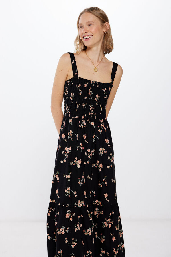 Springfield Vestido Midi Estampado Nido de Abeja con Lino negro