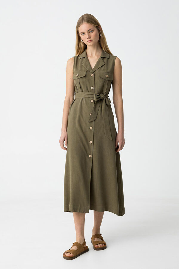 Tiffosi Vestido camisero de lino con cintur&oacute;n verde