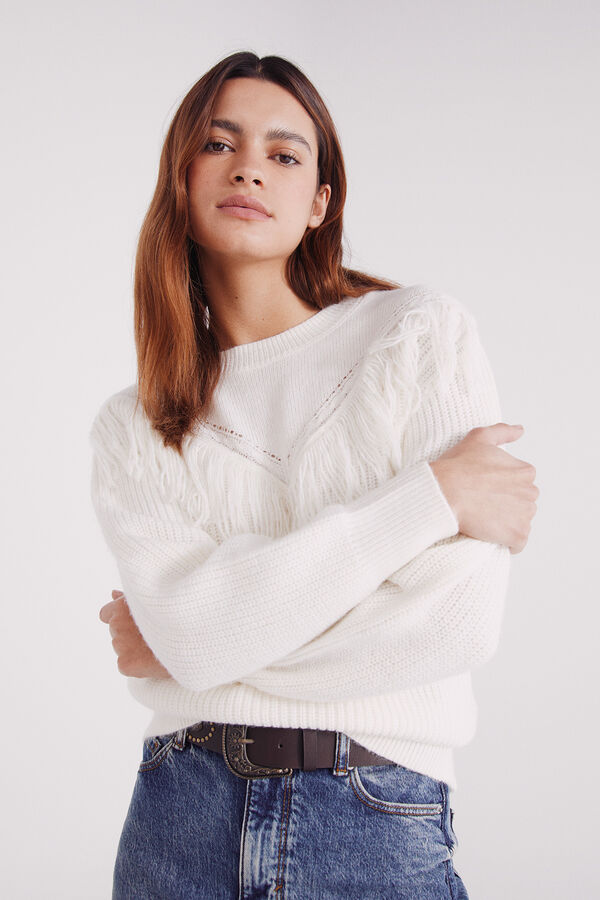 Springfield Su&eacute;ter em V com franjas bege