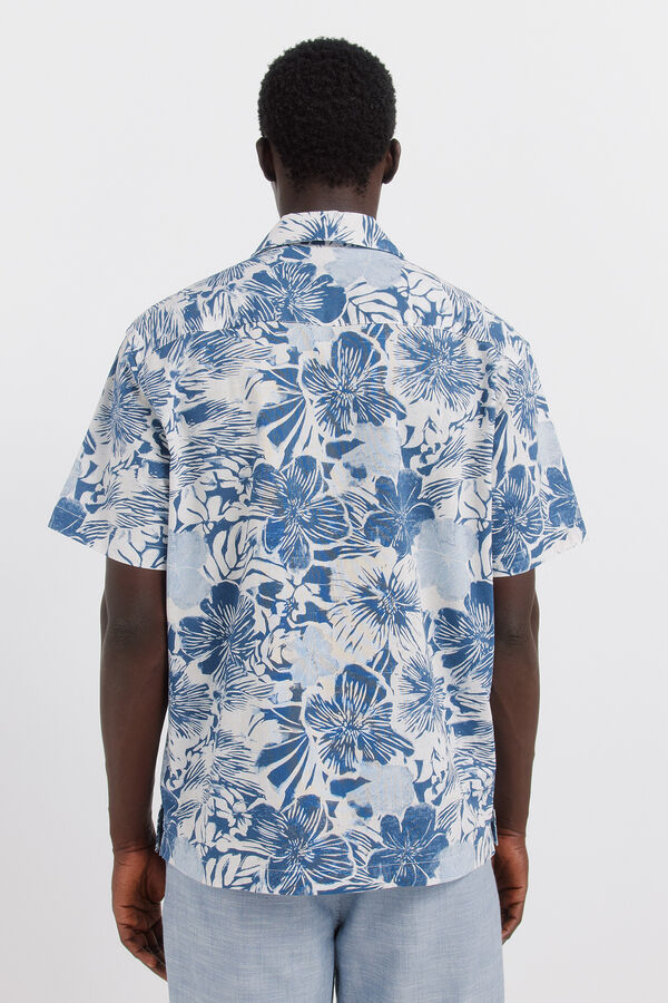 Springfield Camisa de manga curta em linho estampado azul