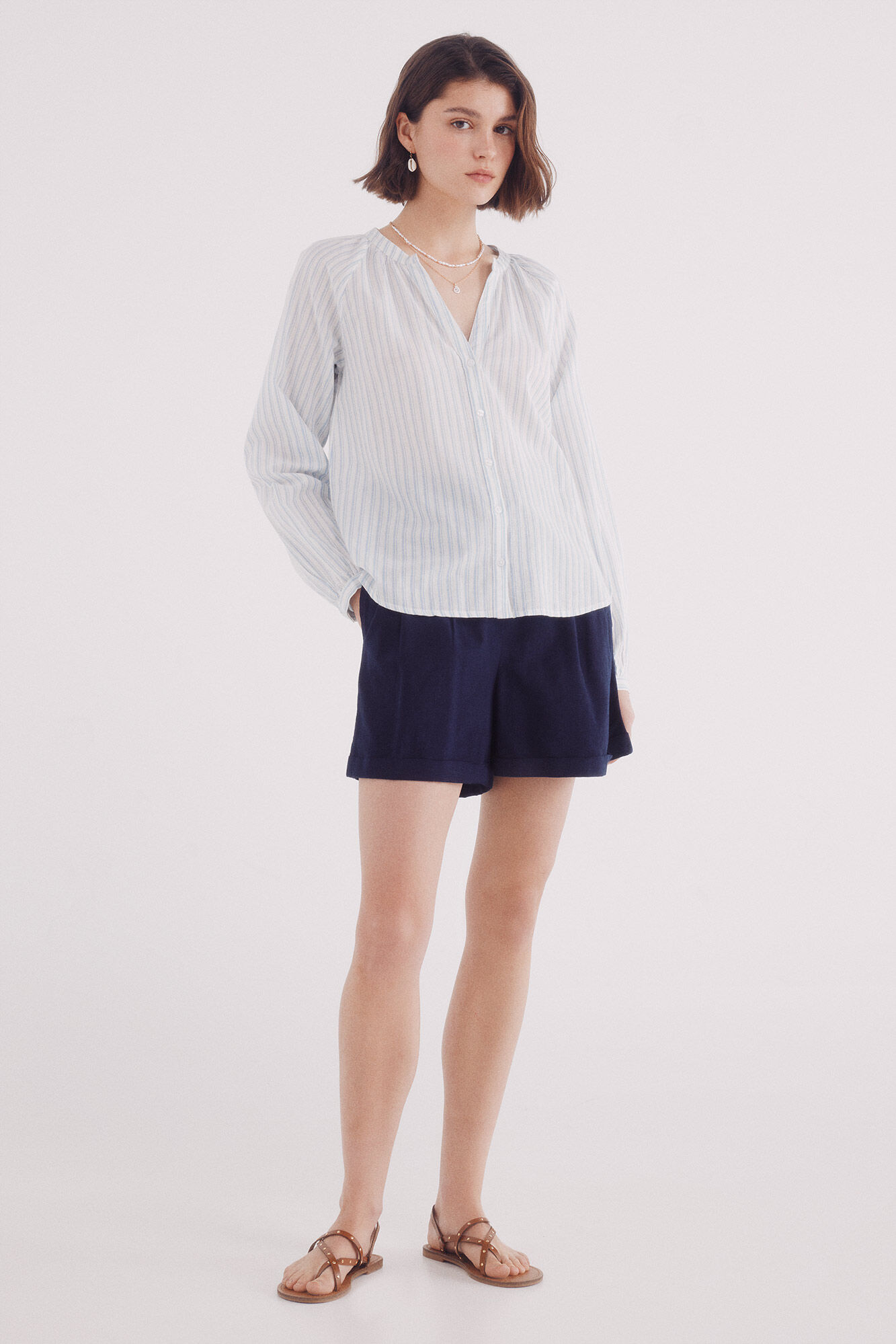 Springfield Shorts de linho de algod&atilde;o com cintura de borracha