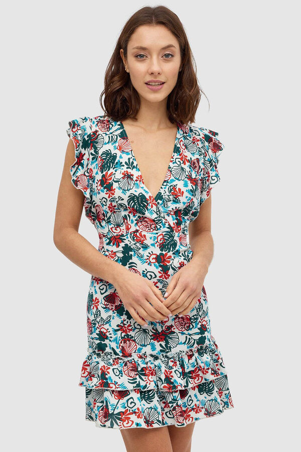 Inside Vestido curto folhos estampado bege