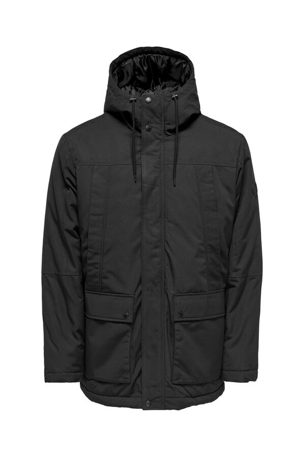 Only & Sons Parka de hombre con capucha ajustable con cord&oacute;n y bolsillos frontales. negro