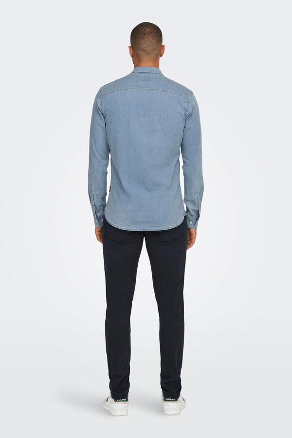 Only & Sons Camisa de chambray con cuello clásico azul