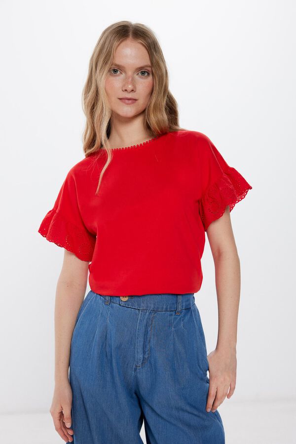 Springfield Camiseta Mangas Volante Bordado Suizo rojo