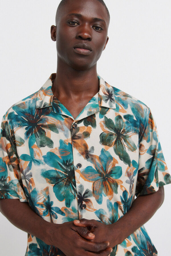 Springfield Camisa de manga curta em viscose com estampado floral bege
