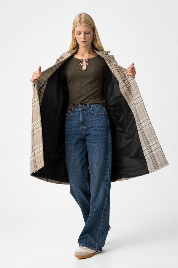 Tiffosi Abrigo Largo con Estampado de Cuadros blanco