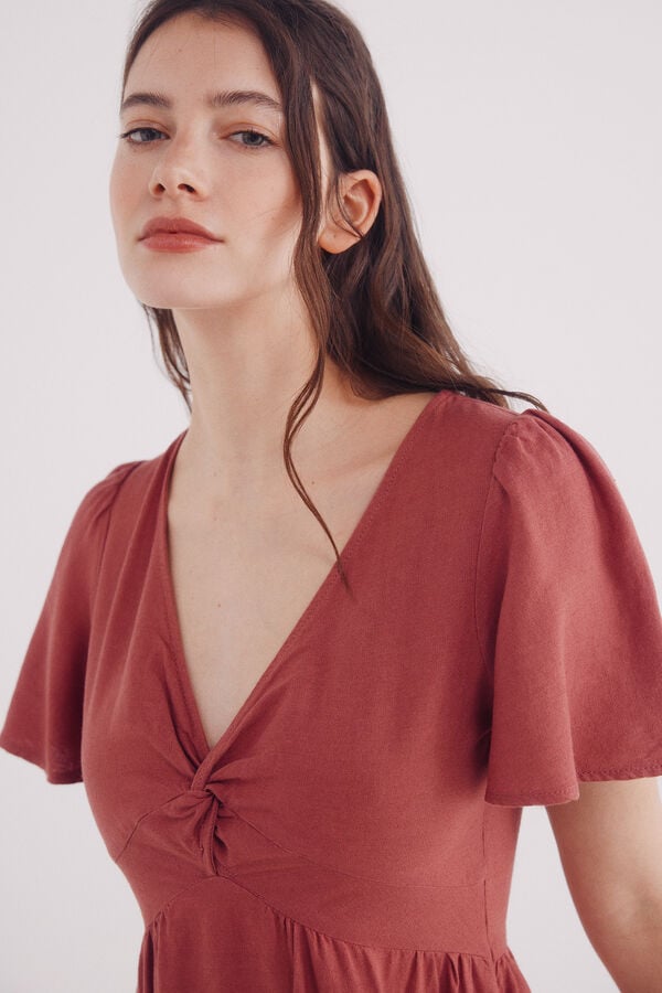 Springfield Vestido midi de decote com decote em linho rosa