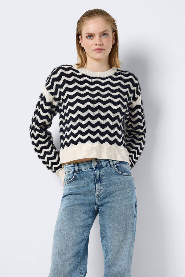 Noisy May Jersey de rayas en zigzag cuello redondo y corte regular blanco