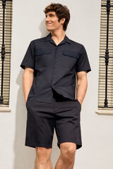 Springfield Camisa de boliche de popelina de manga curta com bolso azul