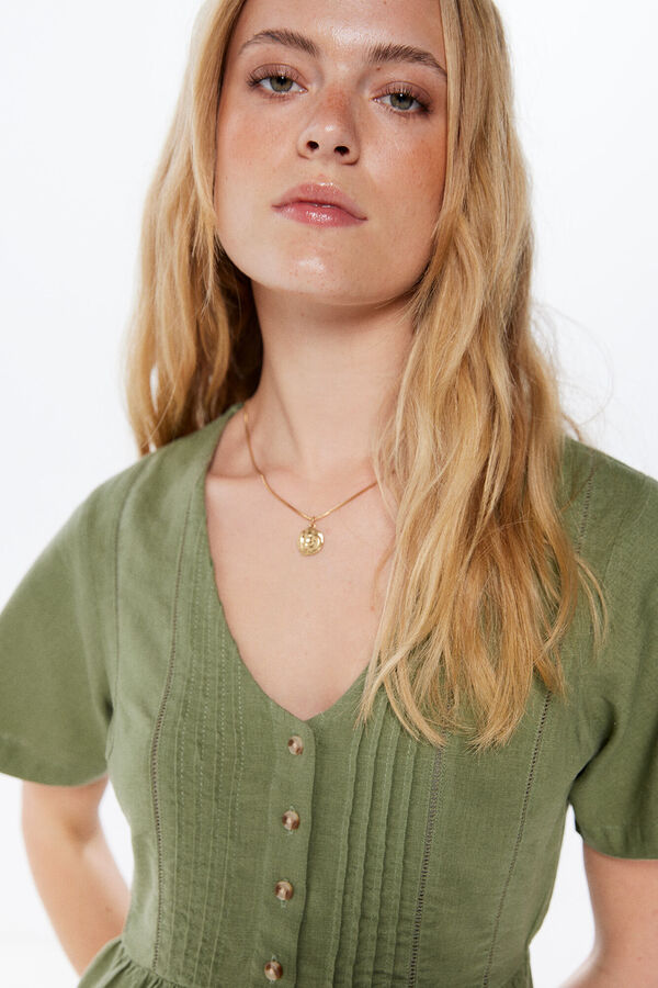 Springfield Vestido Corto Lino Pintucks verde
