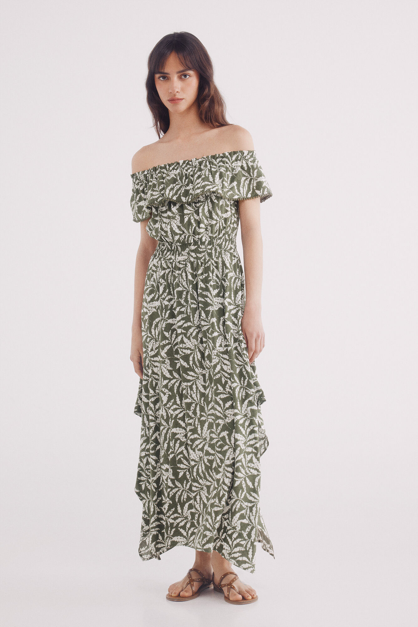 Springfield Vestido midi estampado com decote folho