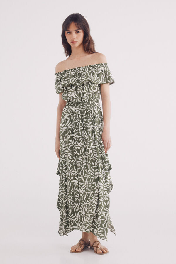 Springfield Vestido midi escote volante estampado verde