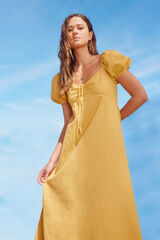 Springfield Vestido Midi Algod&oacute;n Lino amarillo