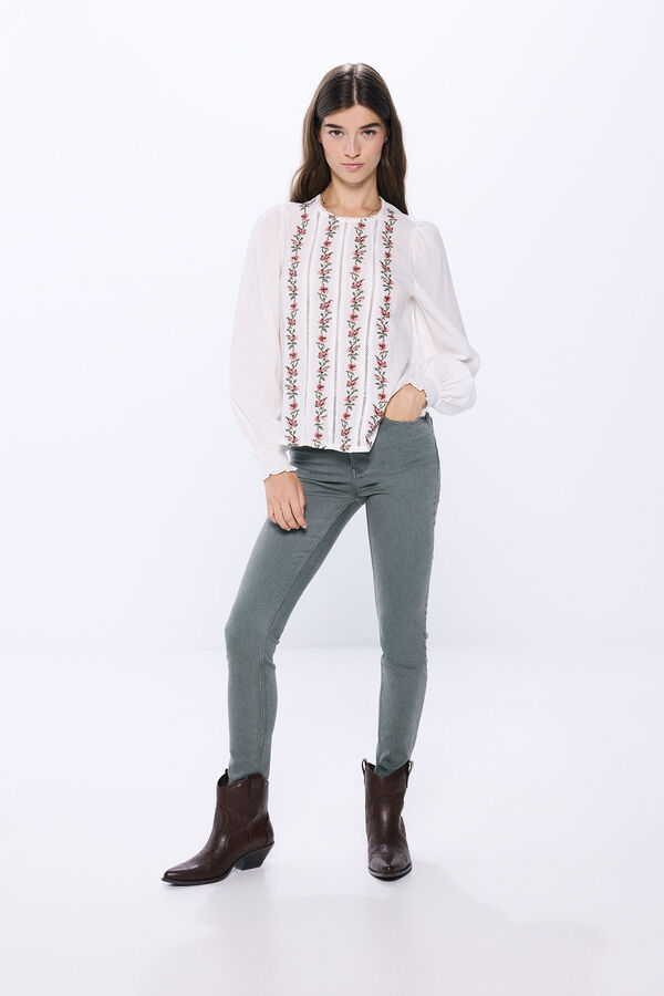 Springfield Blusa bordados verticales flores blanco