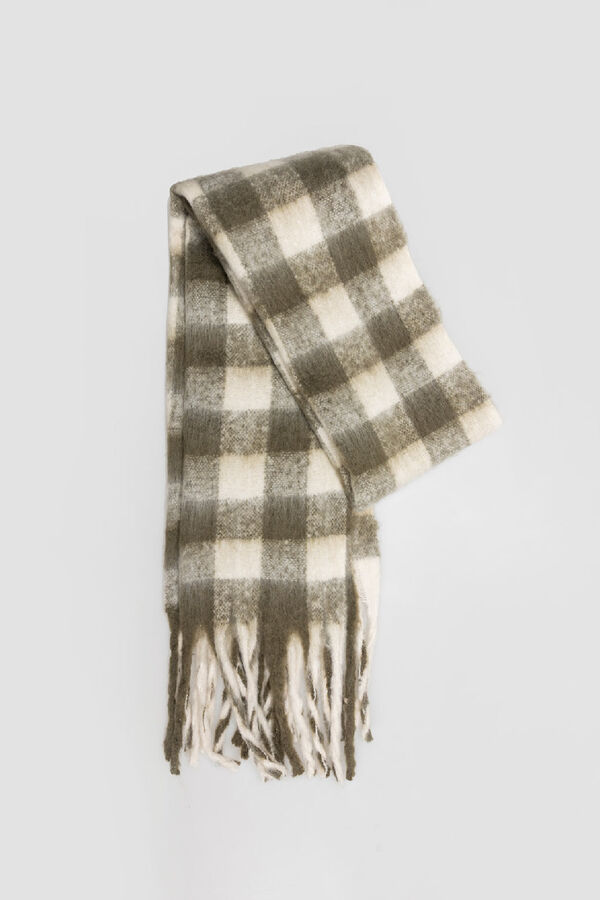 System Action Bufanda de cuadros kaki con flecos estampado
