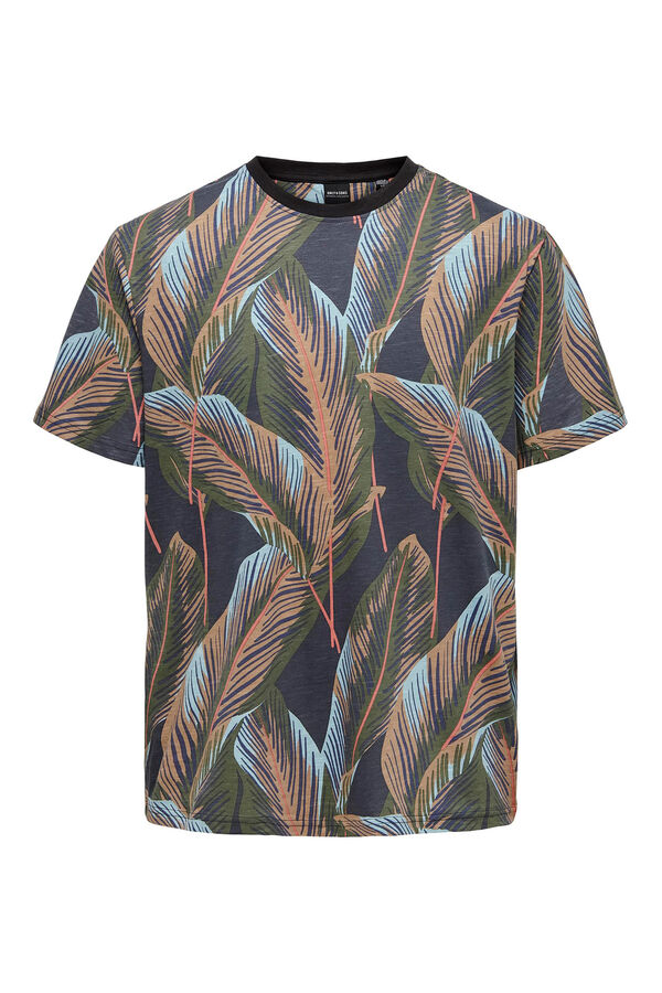 Only & Sons Camiseta estampada hojas negro