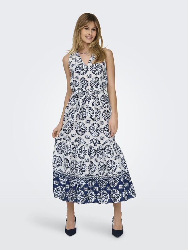 JDY Vestido midi estampado cuello pico blanco