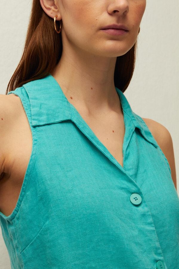 Systemaction Chaleco lino cuello camisero turquesa