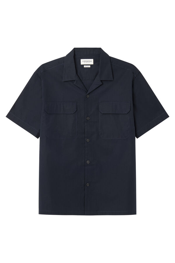 Springfield Camisa de boliche de popelina de manga curta com bolso azul