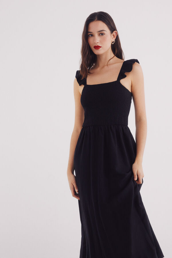 Springfield Vestido midi tirantes volante lino negro