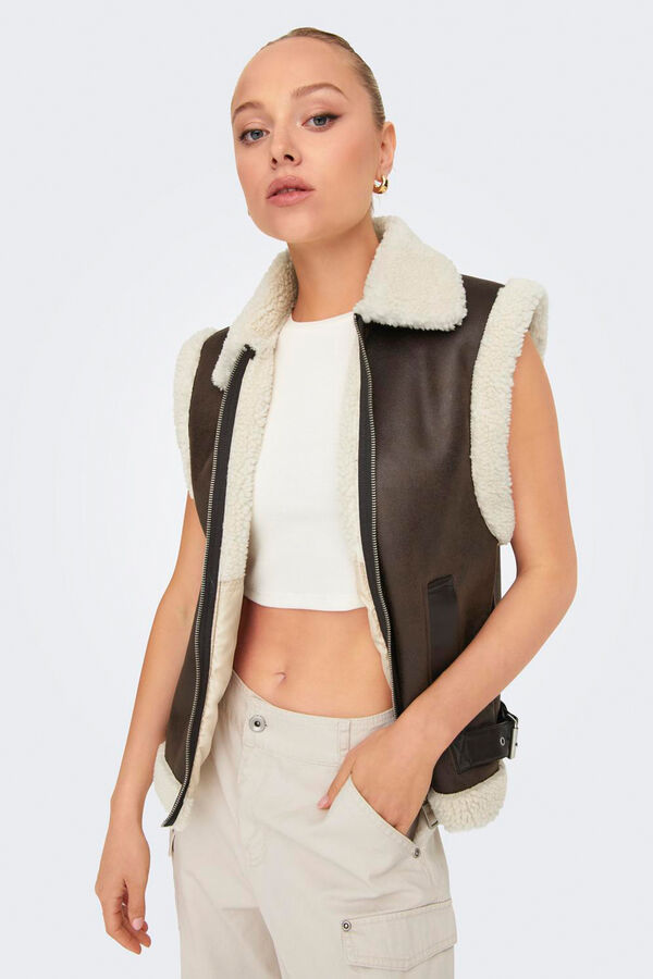 Only Chaleco de polipiel con borrego gris