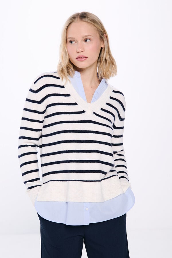 Springfield Su&eacute;ter combinado com decote em bico  branco