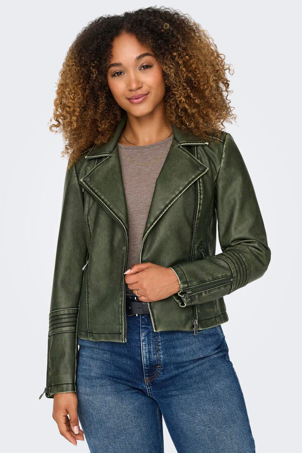 Only Cazadora biker de polipiel efecto envejecido verde