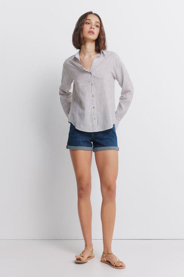 Springfield Camisa de linho semiaberta castanho