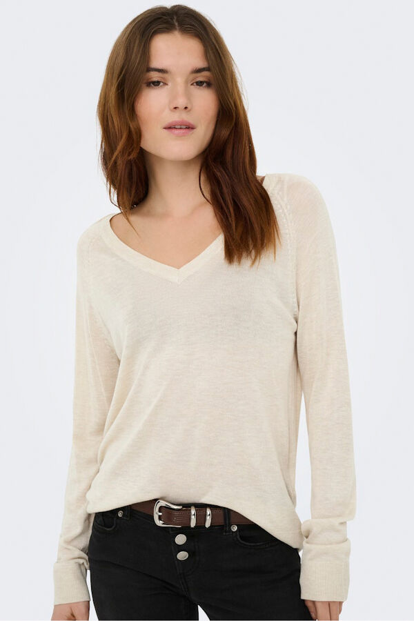 Only Jersey fino cuello de pico marfil
