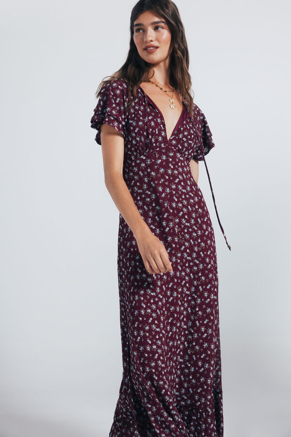 Springfield Vestido midi manga volante estampado burdeos